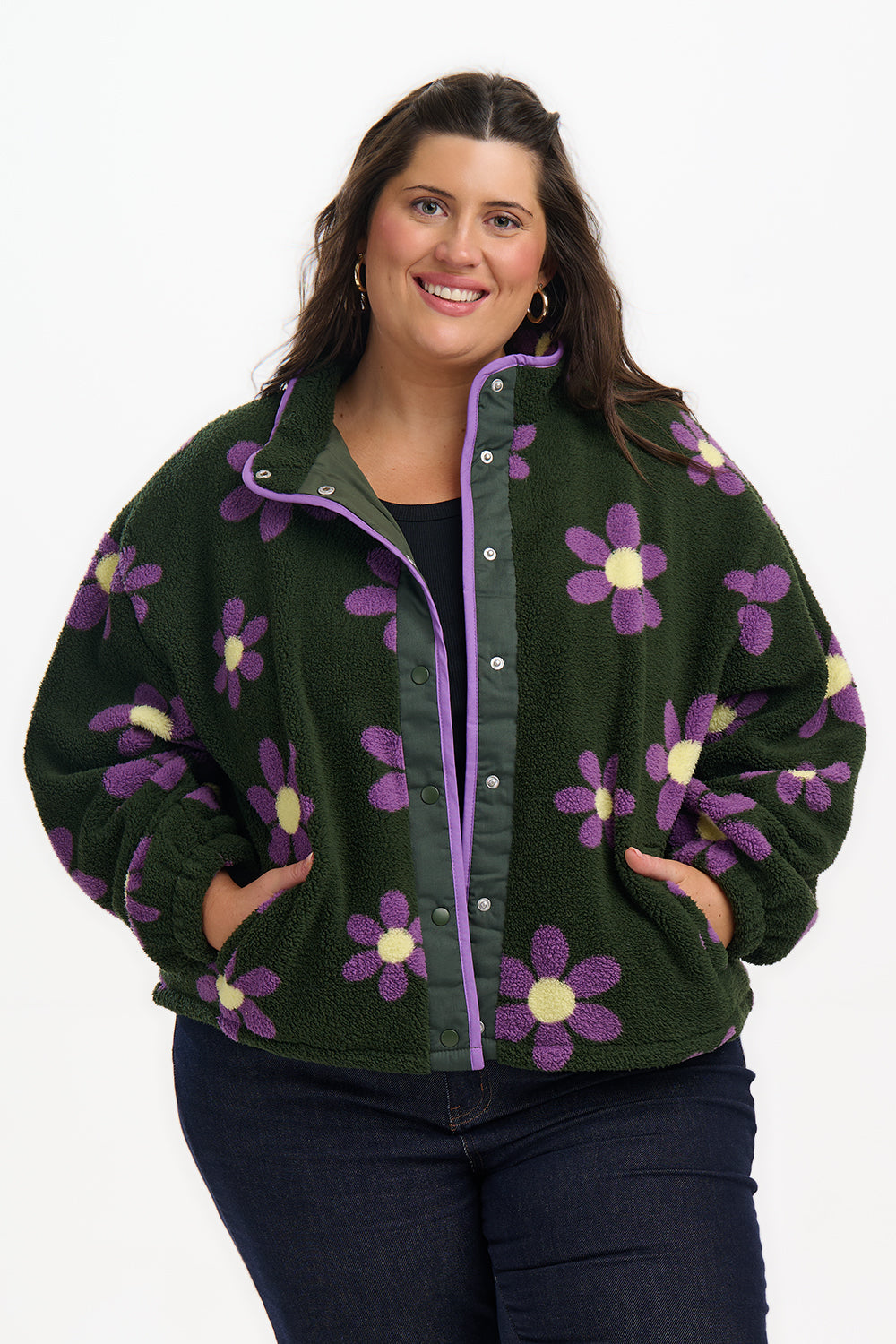 Remi Popper Fleece - Olive, Retro Daisy