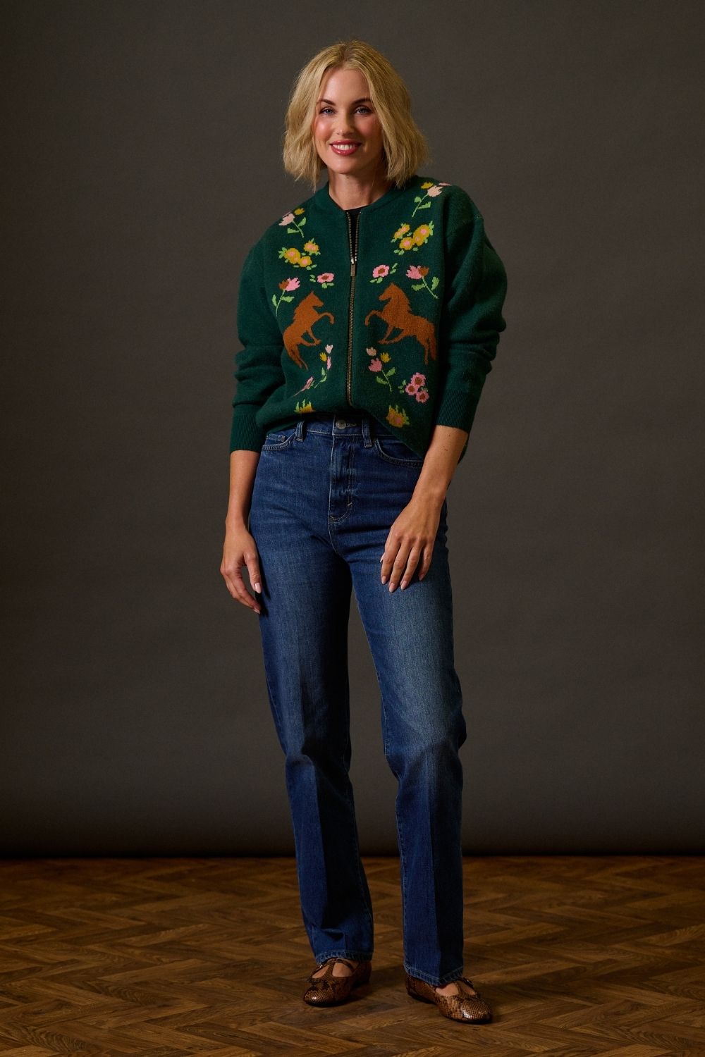 Solana Knitted Bomber - Green, Wild Horses