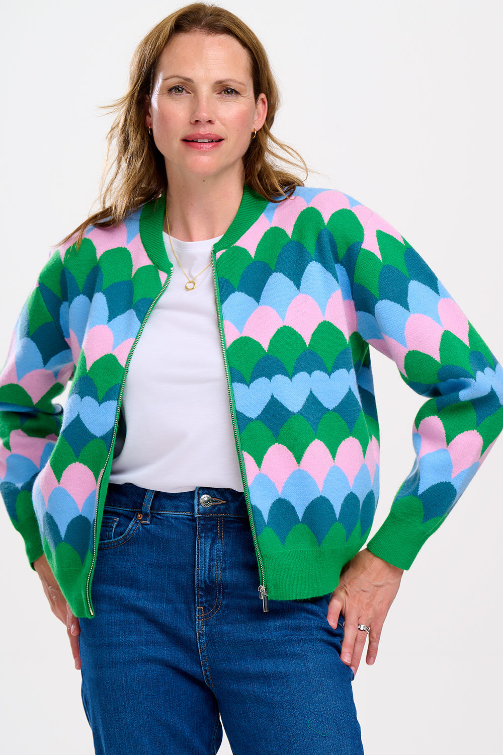 Solana Knitted Bomber - Multi, Heart Scallop