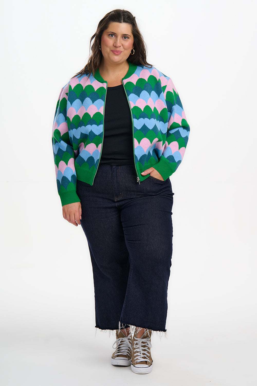 Solana Knitted Bomber - Multi, Heart Scallop