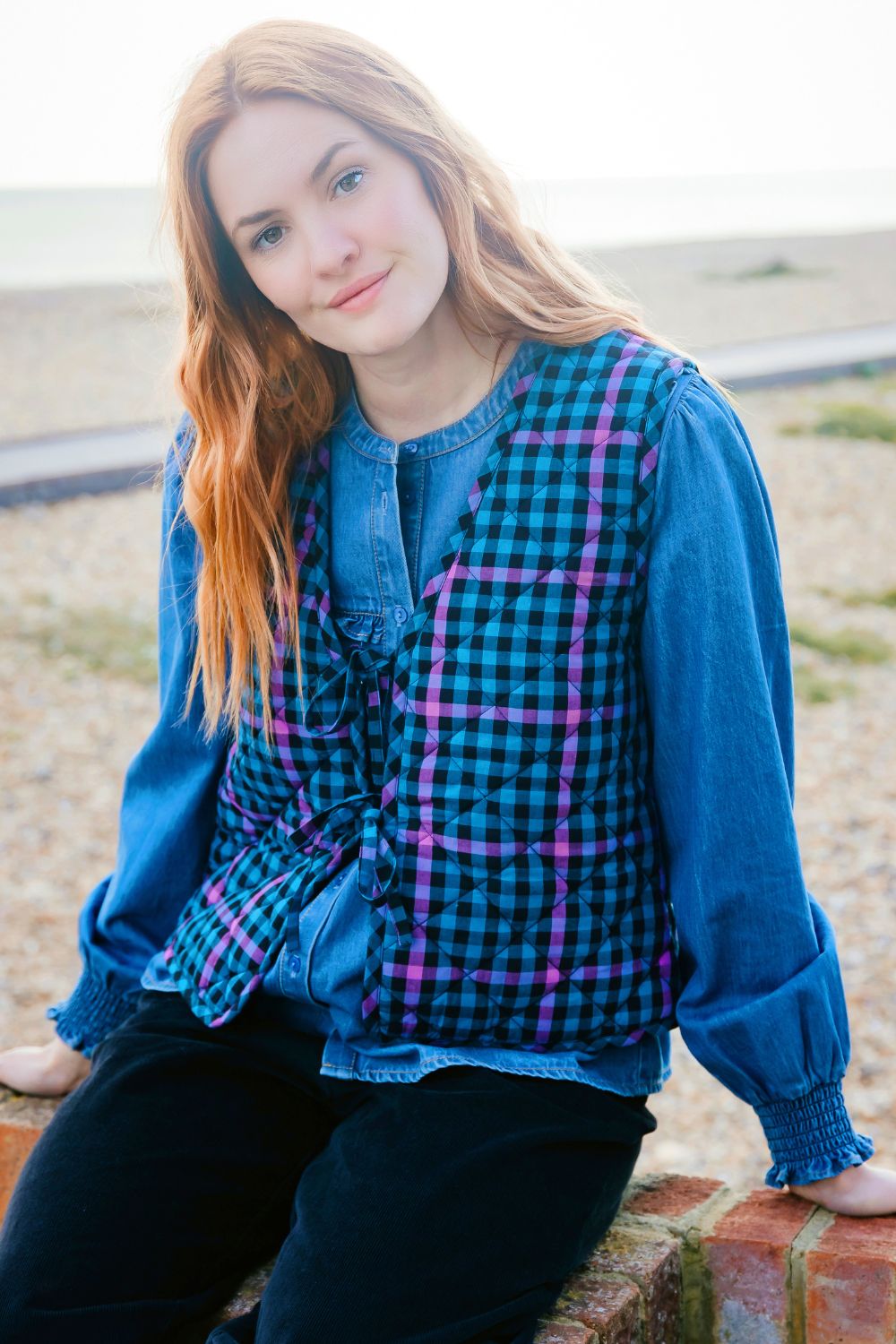 Vander Quilted Waistcoat - Black/Teal, Twilight Gingham